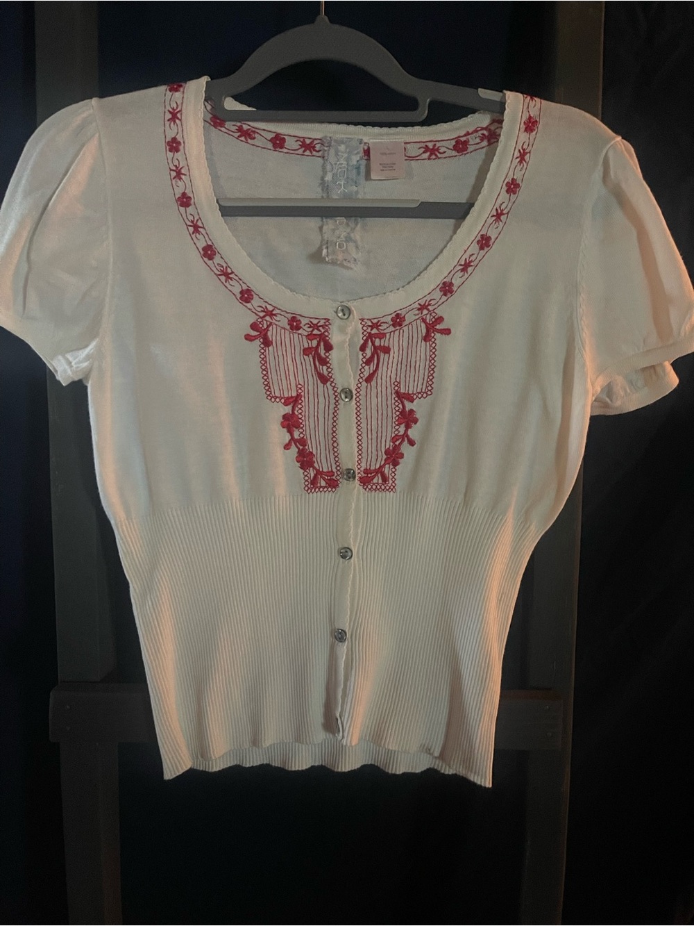 Nick & Mo White Button-Front Top with Red Embroidered Trim